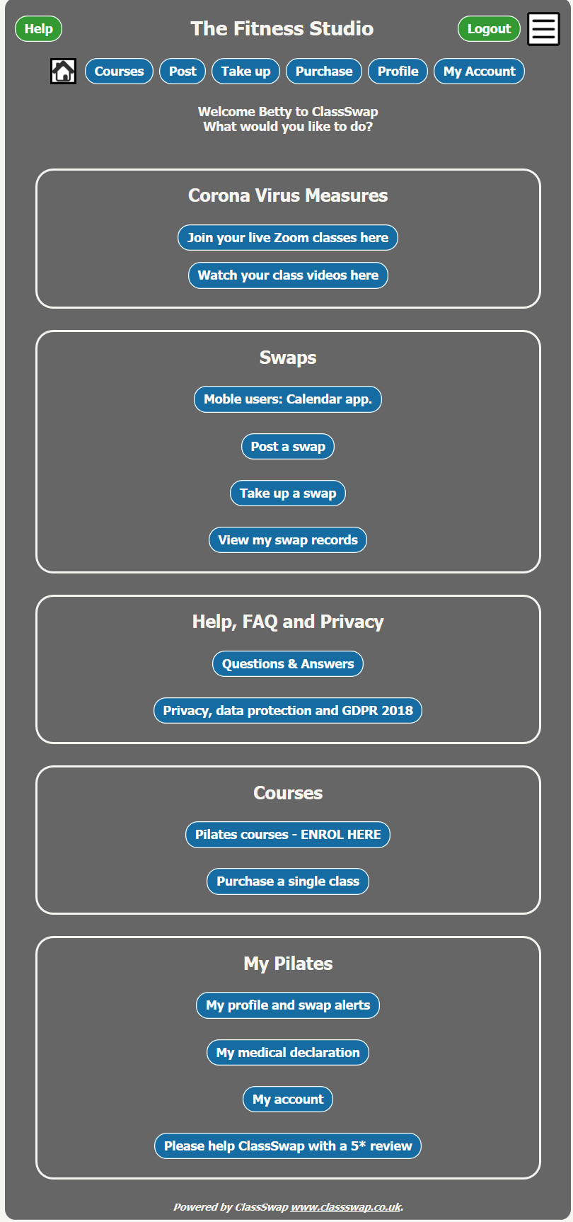 Pilates Software Images - client menu page